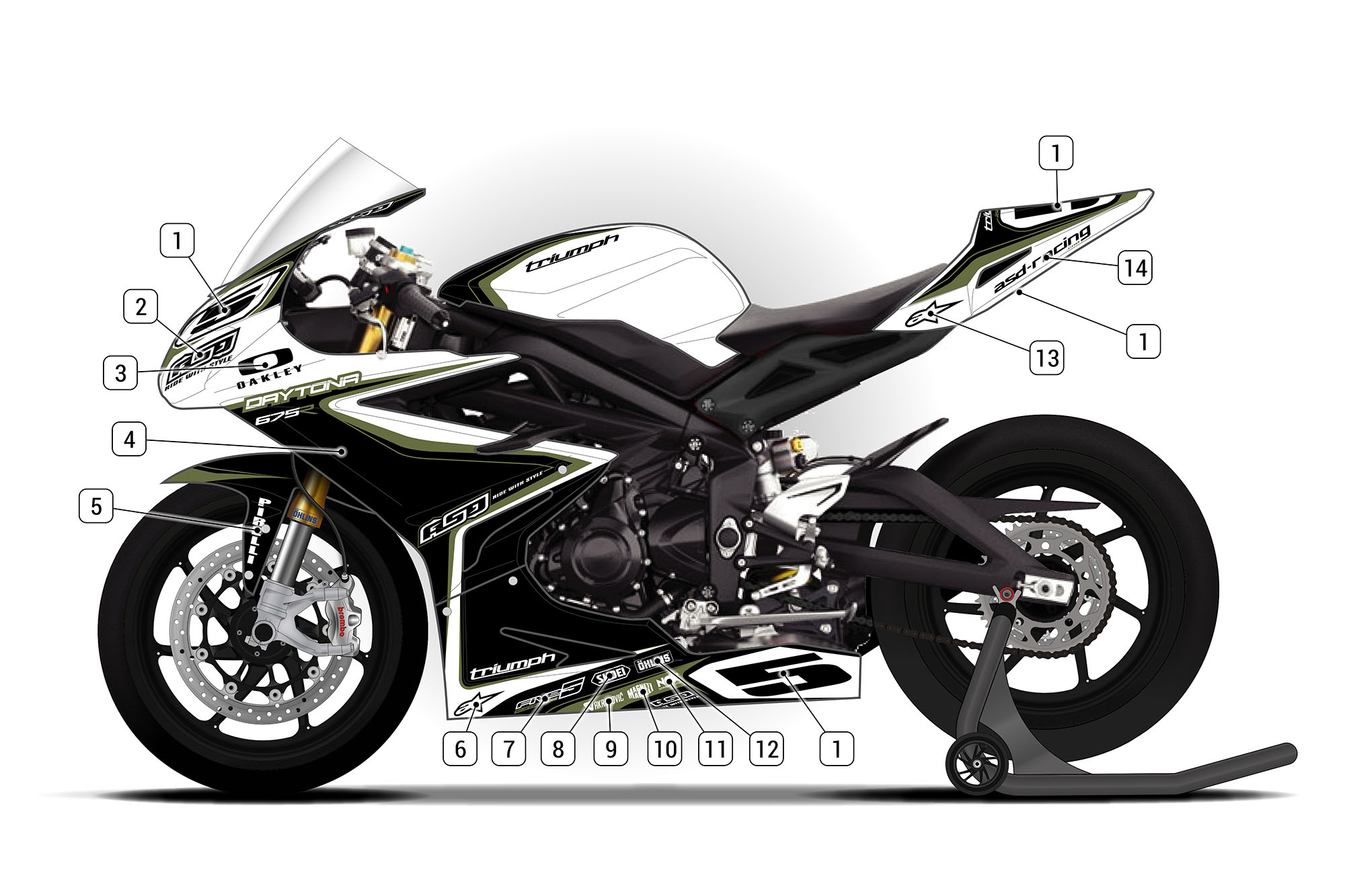 DAYTONA 675R カウルセット ブラック ホワイト Triumph Daytona 675R 2013/16 | ASD Racing