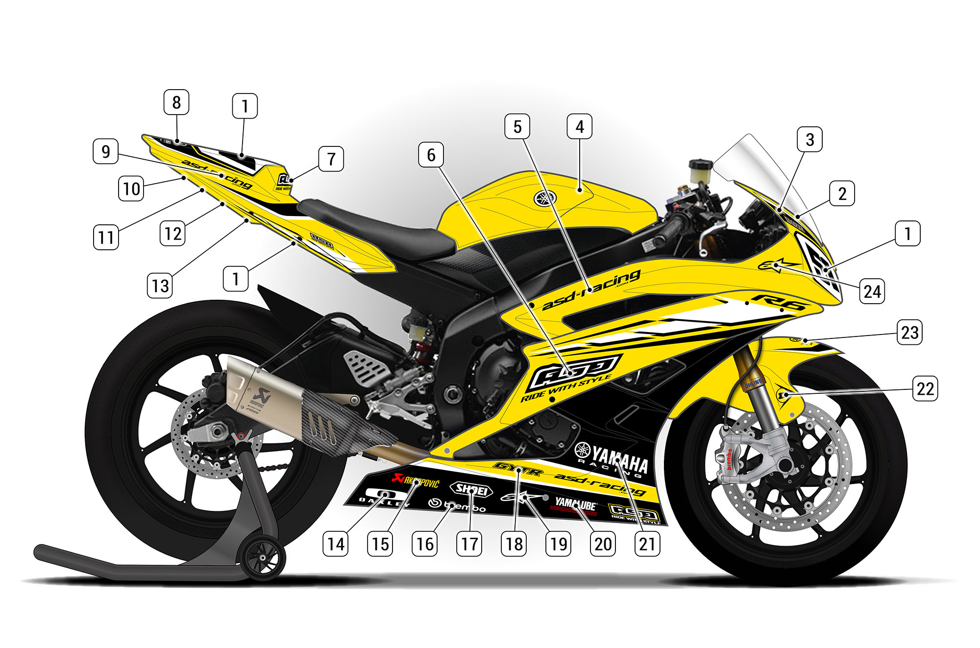 Side fairings' gold stickers - Yamaha R6 2006/2015